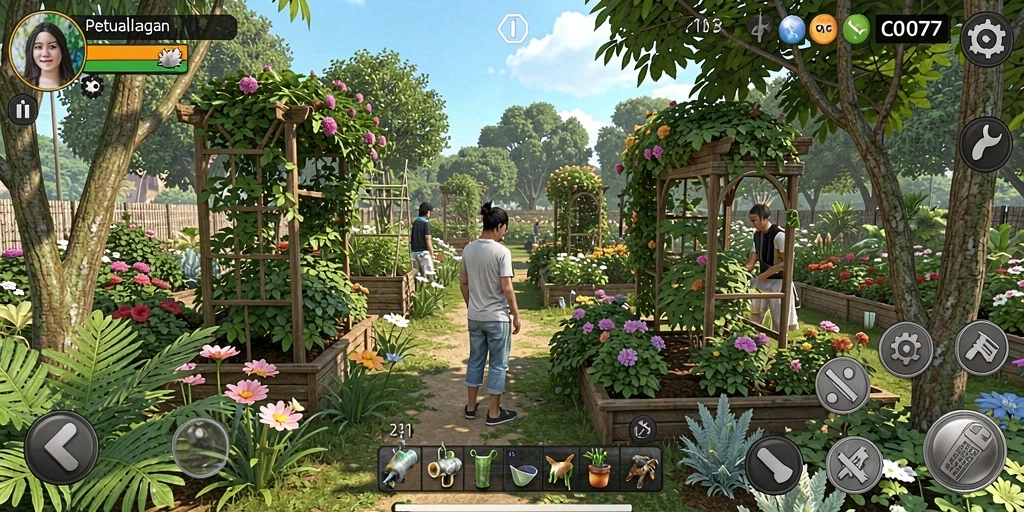 Screenshot utama C0077 menampilkan gameplay seru bercocok tanam.