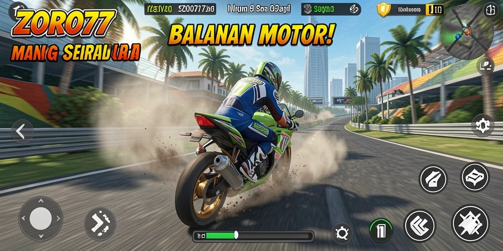 Screenshot gameplay ZORO77 dengan balap motor yang mendebarkan.